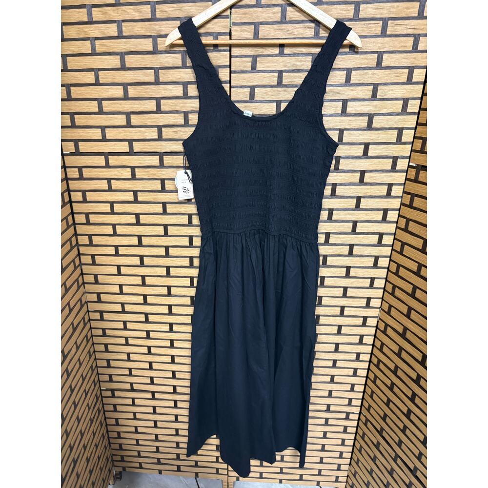 Sincerely Jules Black Cotton Smocked Midi Tank Dress With Pockets XL